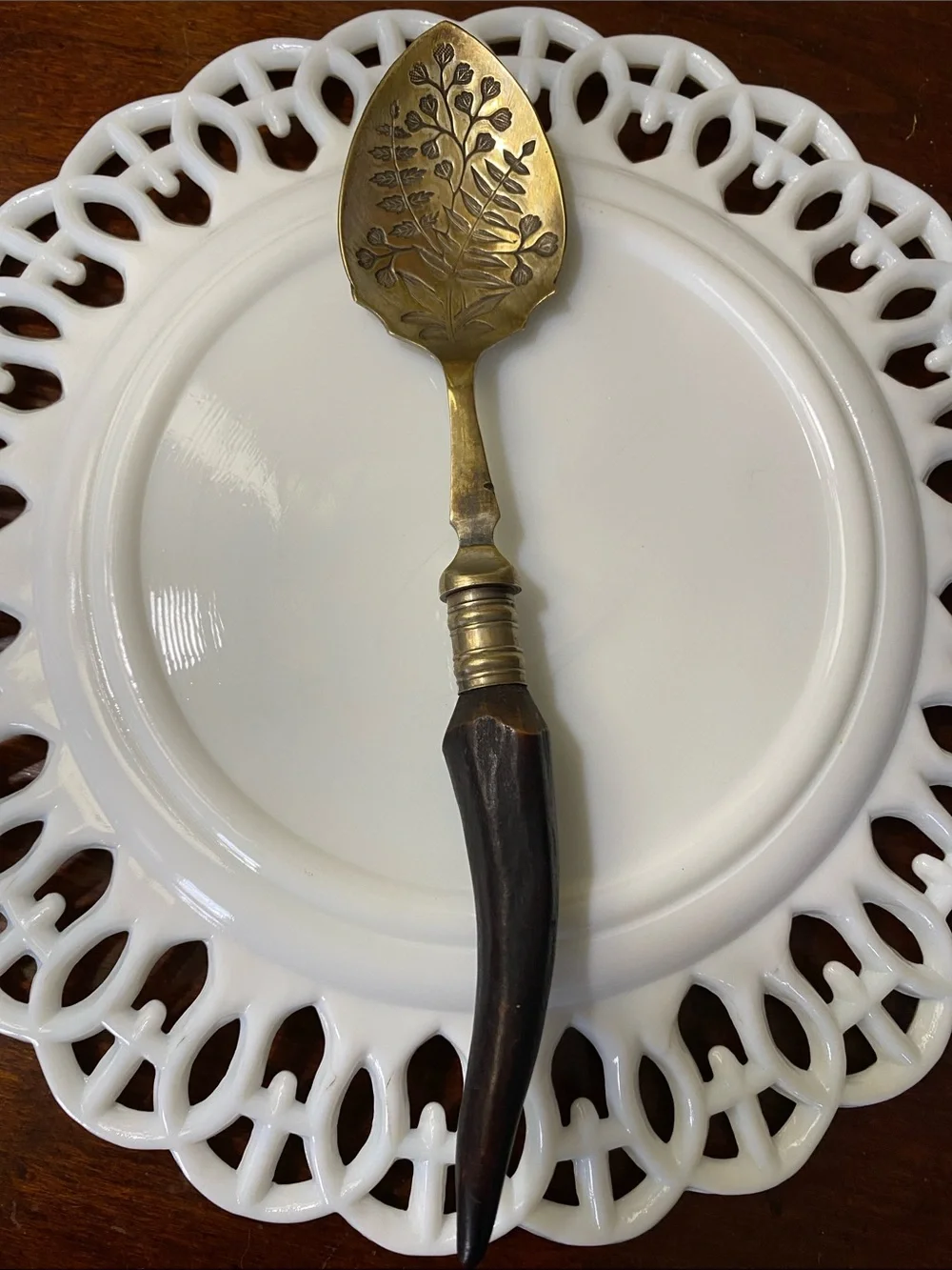 Vintage Brass Jam Spoon, Etched Botanical Design &Horn Handle